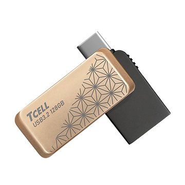 TCELL冠元 128G USB3.2TypeC/A雙頭OTG金屬碟麻葉紋金