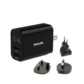 PHILIPS 飛利浦 LED顯示3.1A雙USB附多國插頭旅充 DLP4320NT 旅行用轉接頭