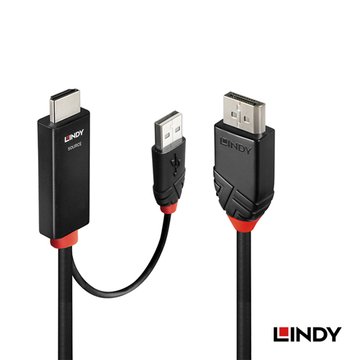 LINDY 林帝 41499 - 主動式HDMI 2.0 to DisplayPort 1.2 4K60Hz 轉接線帶USB電源 2M Display Port 訊號線