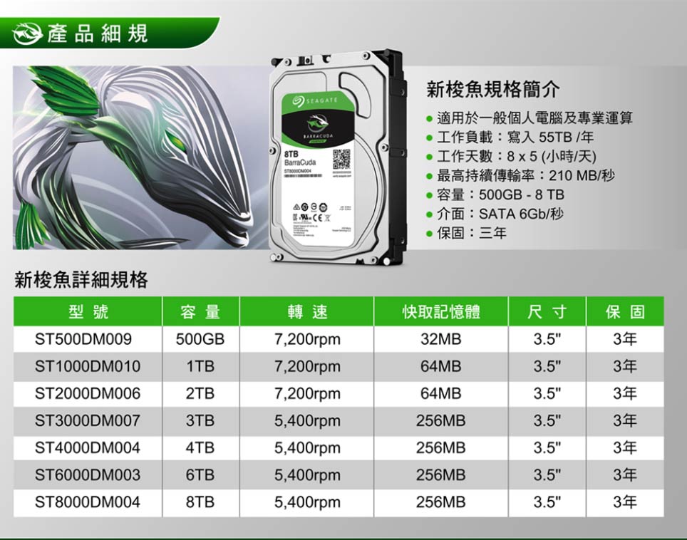 Seagate 希捷【BarraCuda新梭魚】3.5吋2TB 256M 7200R 年保桌上型硬碟